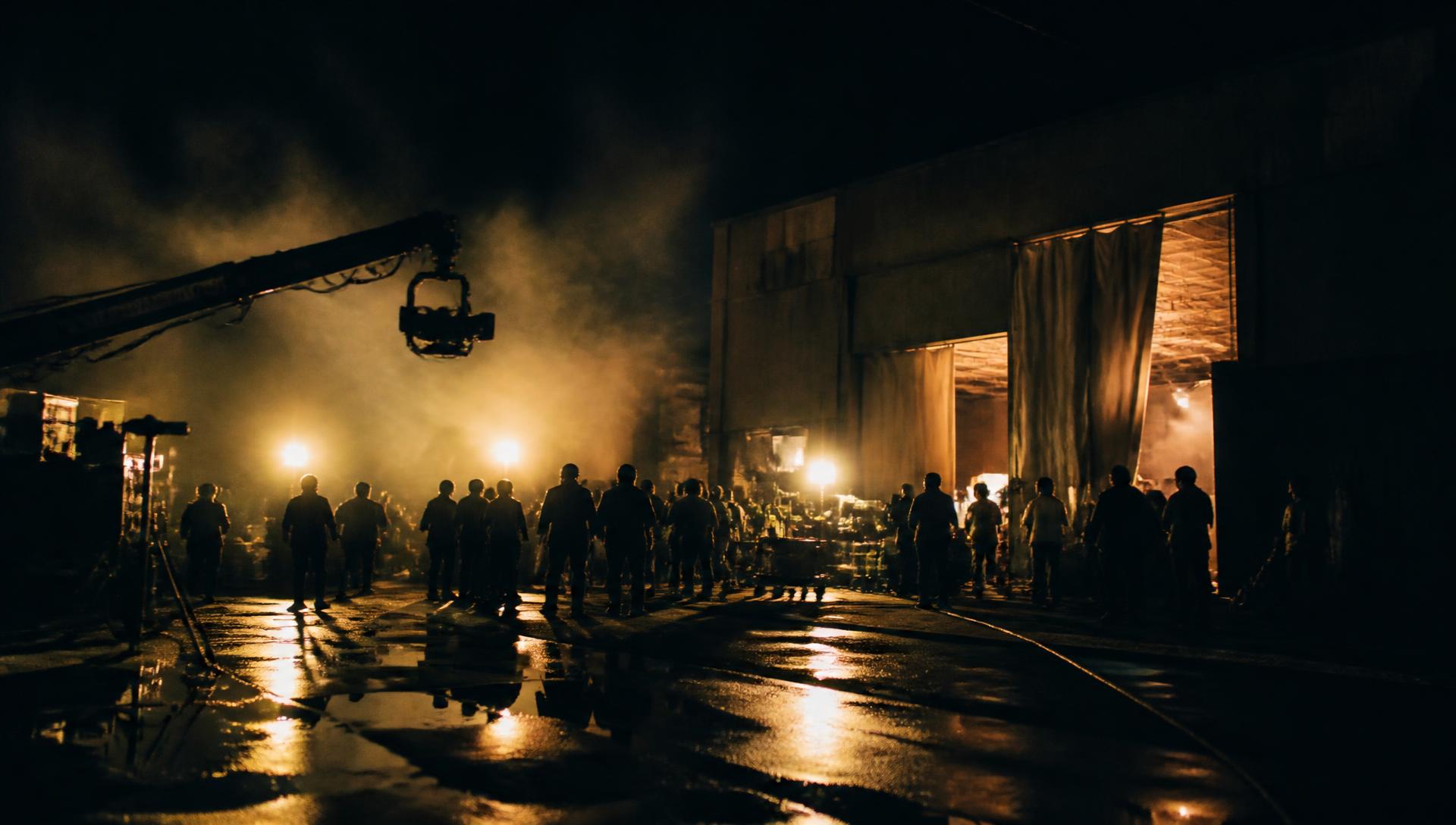 Night film set with a camera crane and crew silhouetted against tungsten lights